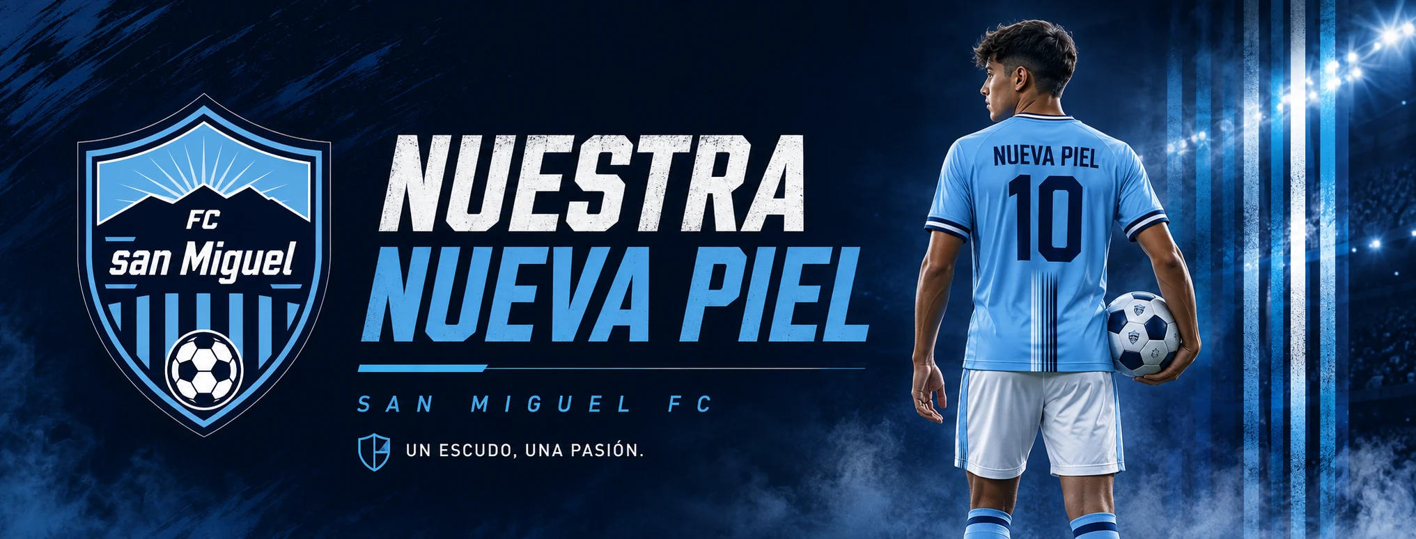 Nuestra nueva piel. San Miguel FC. Un escudo, una pasión. Jugador con el nuevo uniforme de espaldas.